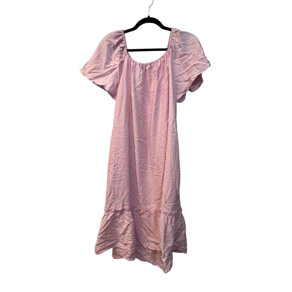 CY Fashions Pink Ruffle Hem Dress Women’s Large Short Sleeve Casual Midi